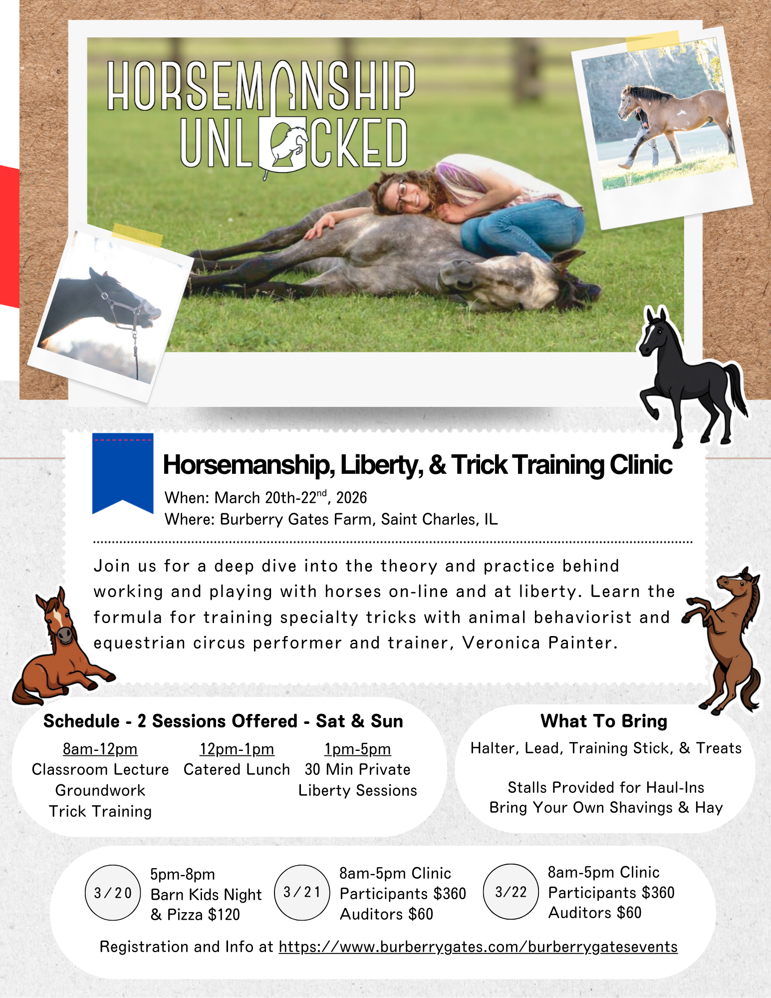 Flyer for the 'Horsemanship, Liberty, & Trick Training Clinic' featuring images of a girl with a horse, a horse running in water, and a horse close-up, with decorative horse graphics.
