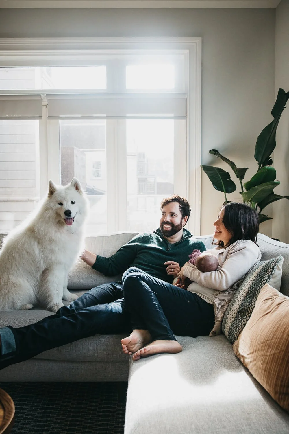 Couple holding their newborn baby sit on light gray couch while a giant white pet dog sits nearby and looks directly at camera. Shot during lifestyle newborn session at home in San Francisco.
