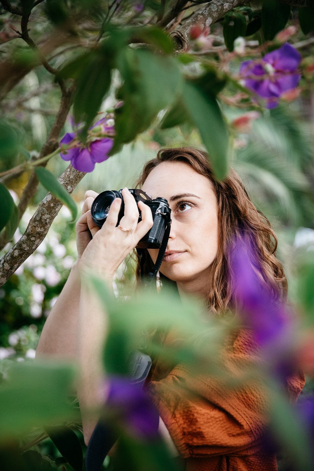  brand portrait of photographer Toni Toscano taking a photograph and shot through tree with purple flowers, shot in the Presidio in San Francisco by brand photographer Allison Busch Photography 