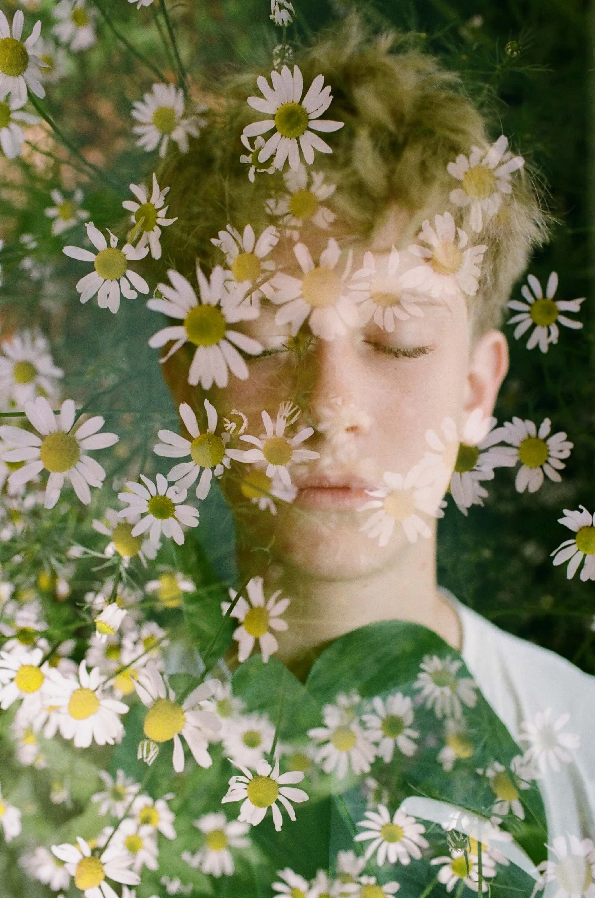 Portrait of teen boy with blond hair, closed eyes and thoughtful expression is double exposed with a cluster of white and yellow chamomile flowers.