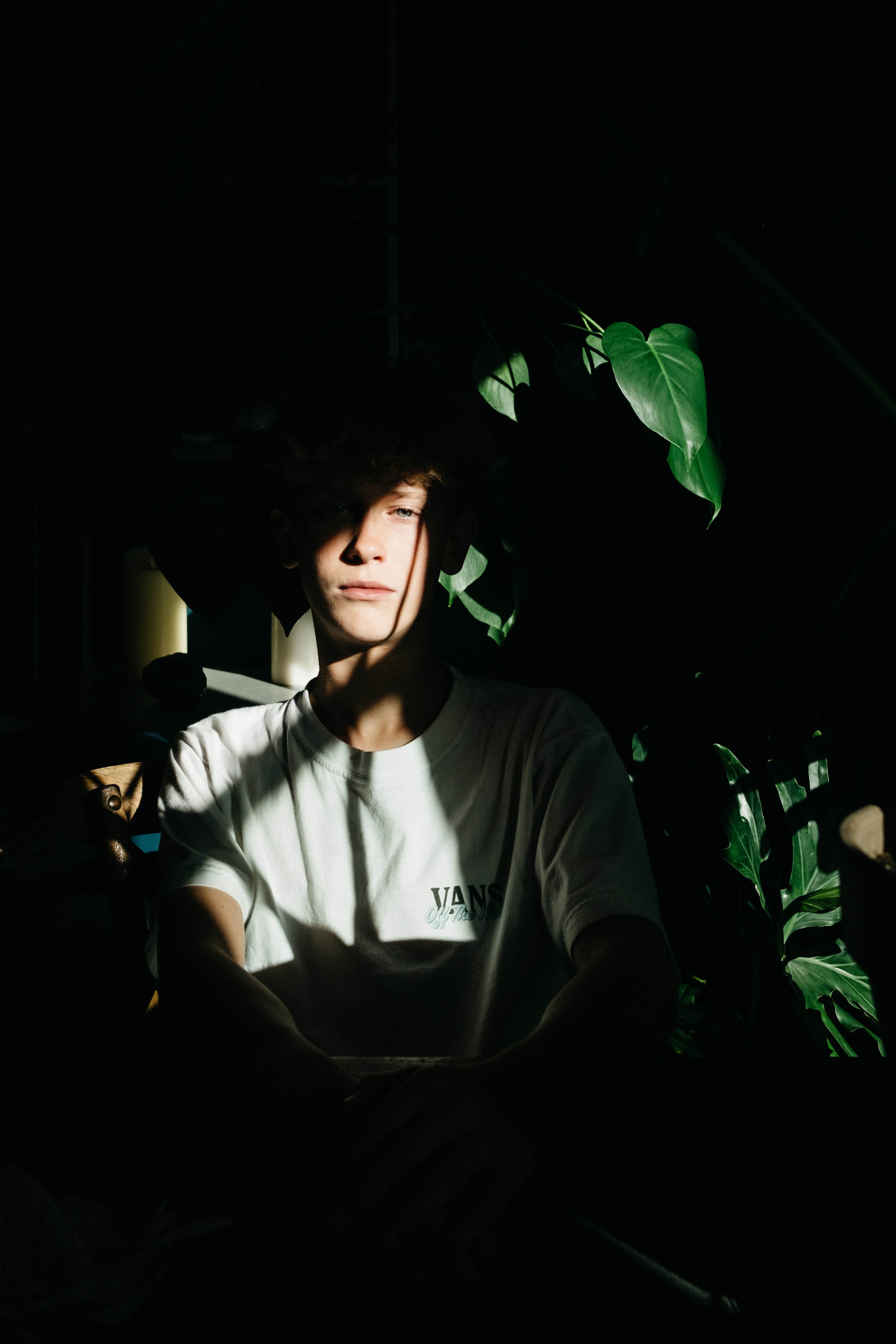 Shadowy room with one beam of sunlight coming through and lighting up the face of a teen boy sitting amongst green plants.
