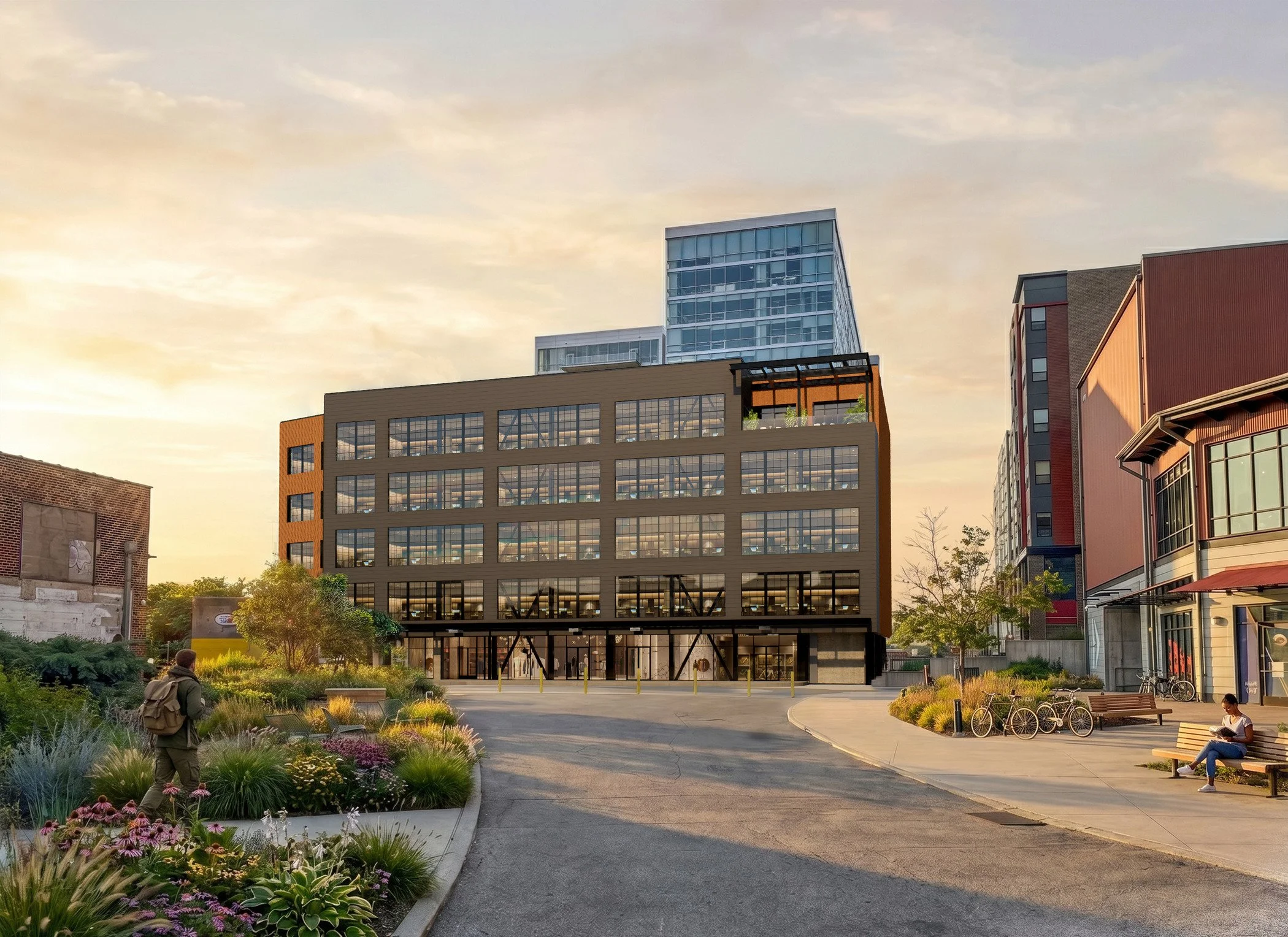 Rendering of an office building with wood tones exterior and glass windows.
