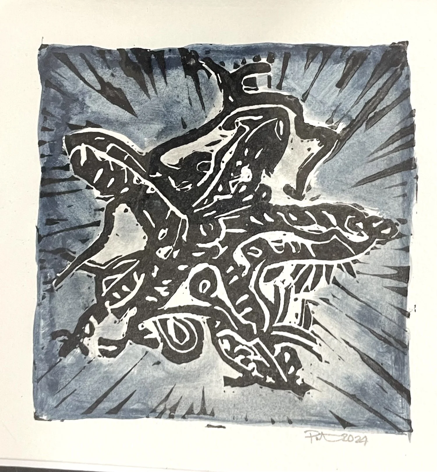 Starfish with Indigo, 5" x5", Linocut