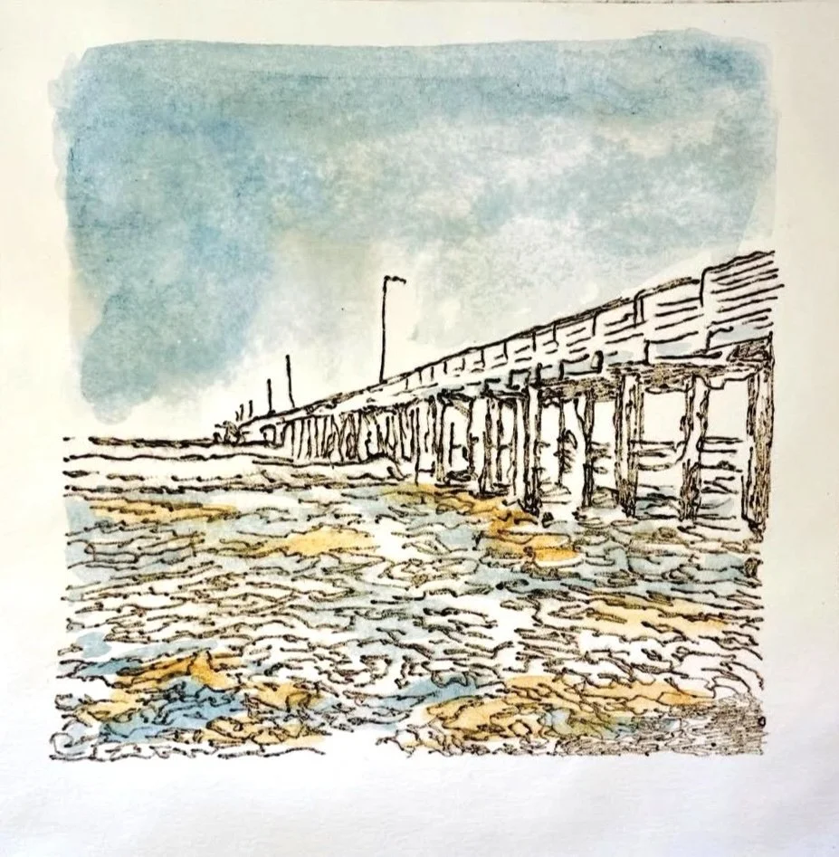 Avila Pier. 8 x 8". Drypoint etching with collected natural pigments.