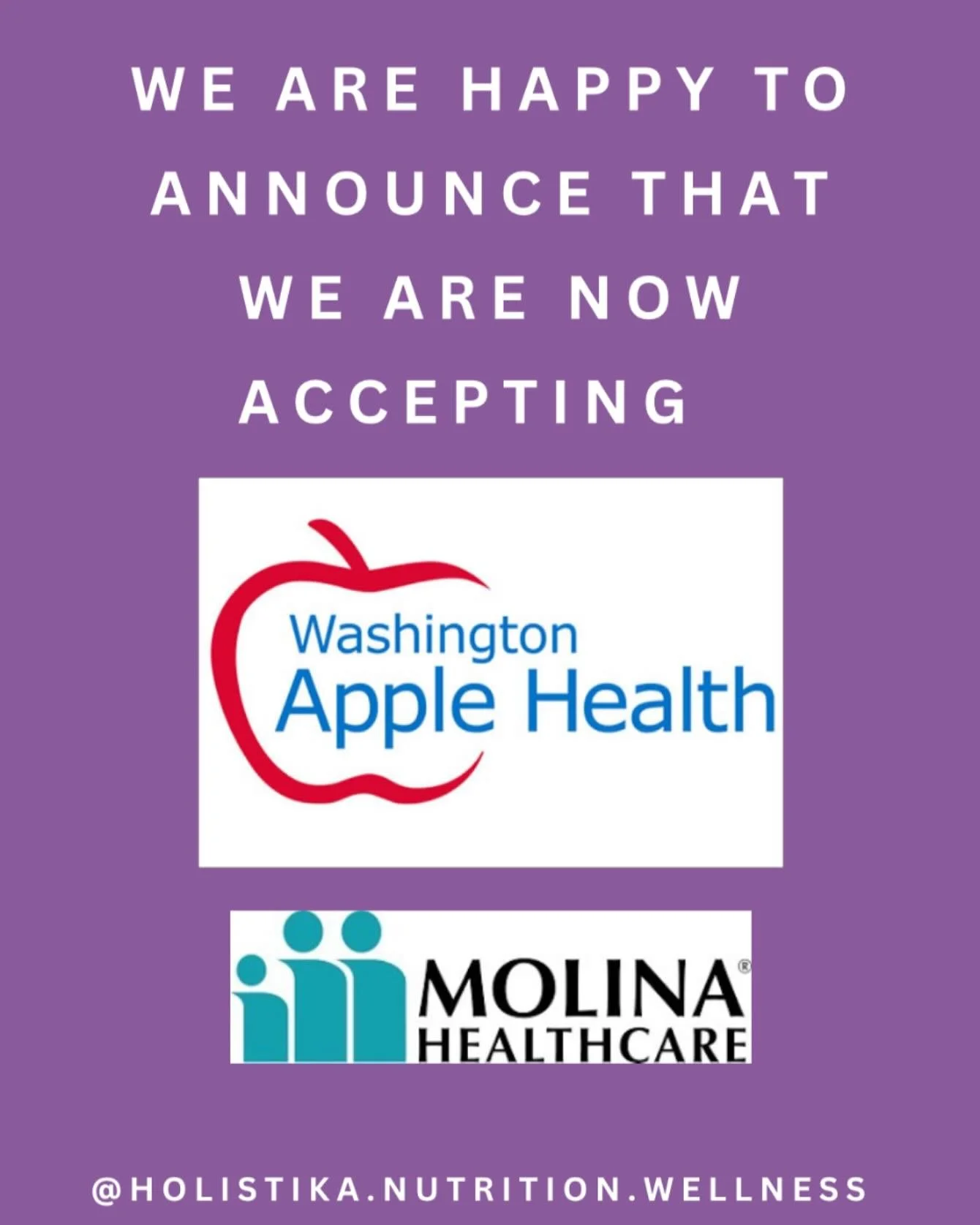 Holistika Nutrition & Wellness is now accepting Washington Medicaid and Molina healthcare for Nutrition Counseling. 
Dont wait any longer and schedule your appointment today. 
Call us at (619) 363-1198 or visit our website at www.holistikahealt