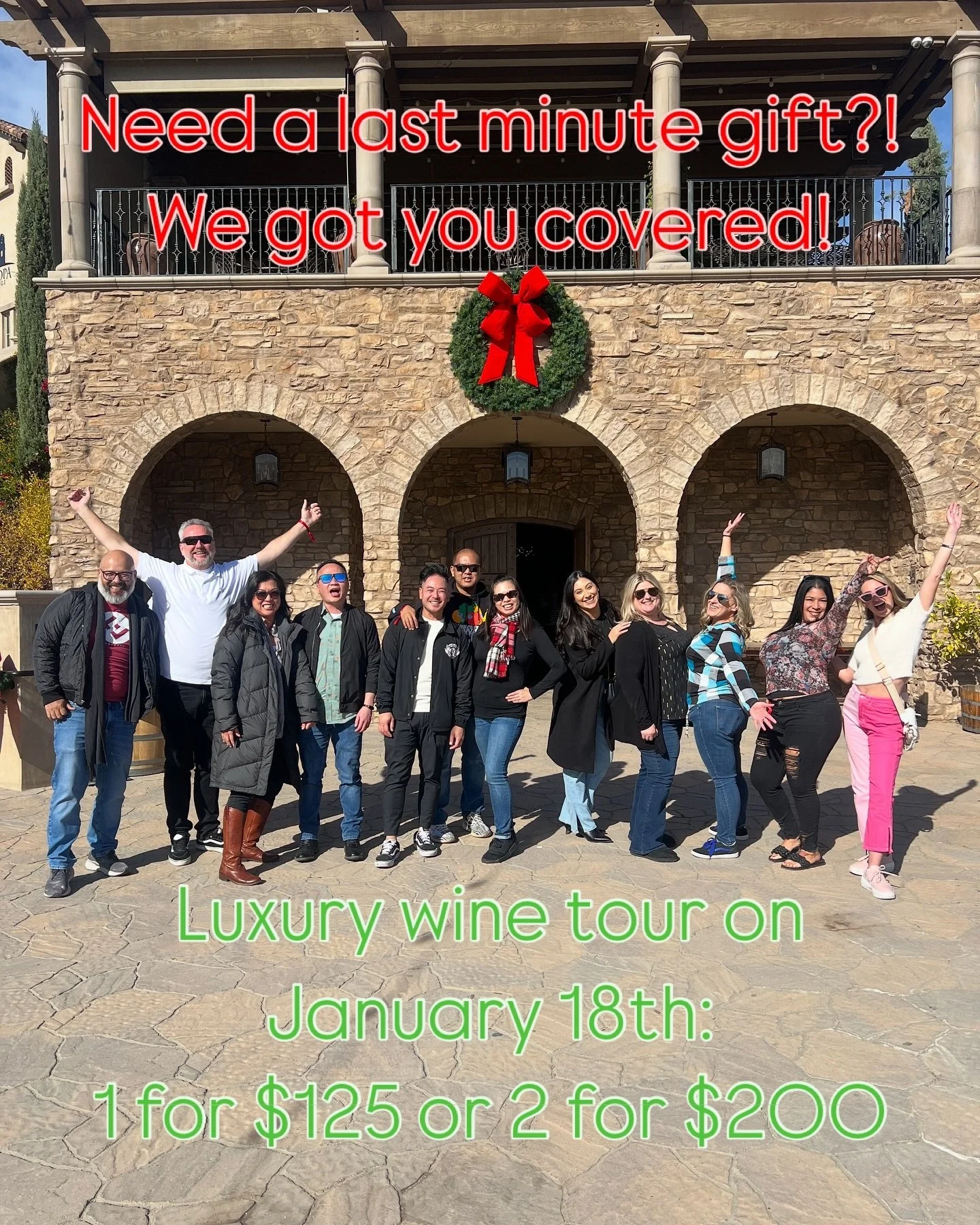 Pressed for a last minute gift? We got you covered! From now through 12/31, you can grab a seat (or two) for an upcoming wine tour on January 18th for $125 or just $200 for two tickets (normally $150 each)! Comment GIFT with the number 1 or 2 for how