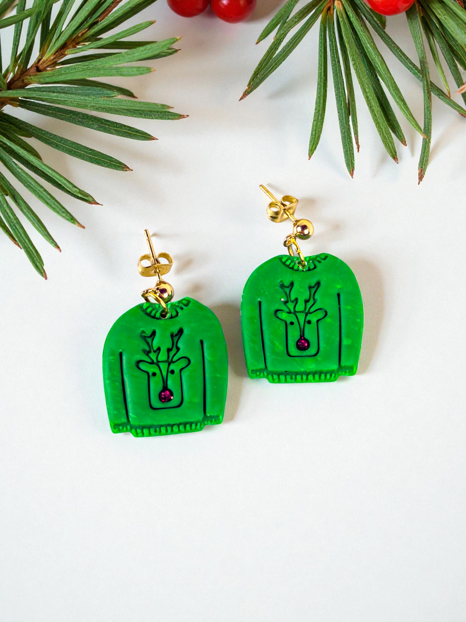 Reindeer Christmas Sweater Dangles - Green