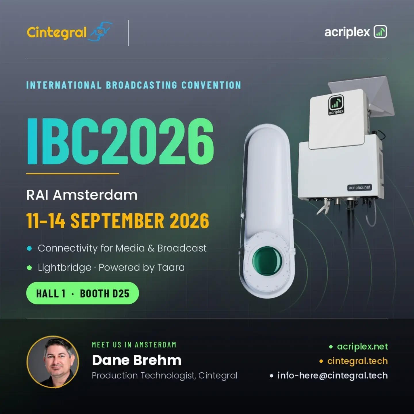 We're Headed to IBC Amsterdam! 

Exhibit Hall 1 Booth D25.

We'll be showcasing our Connectivity-as-a-Service featuring  @taaraconnect Lighbridge Fiber-over-Air and Acriplex P5G with @haivision. 

- Camera Control over Laser 
- ST2110 Video &amp; Aud