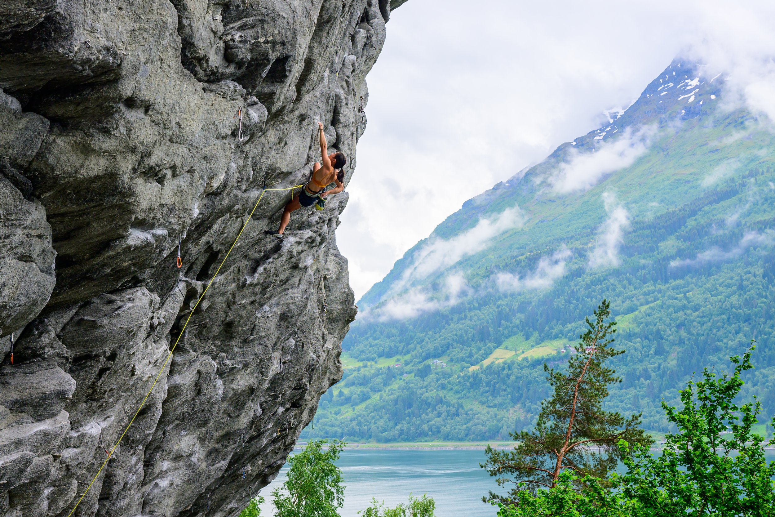 Anna Zhang climbing at Beachen, Stryn, Norway