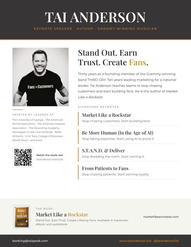 Poster of Tai Anderson, a keynote speaker, author, and Grammy-winning musician, promoting his book 'Market Like a Rockstar'. The poster highlights themes of standing out, earning trust, and creating fans, with headshots and key points about stopping chasing customers, faking expertise, and chasing patients.