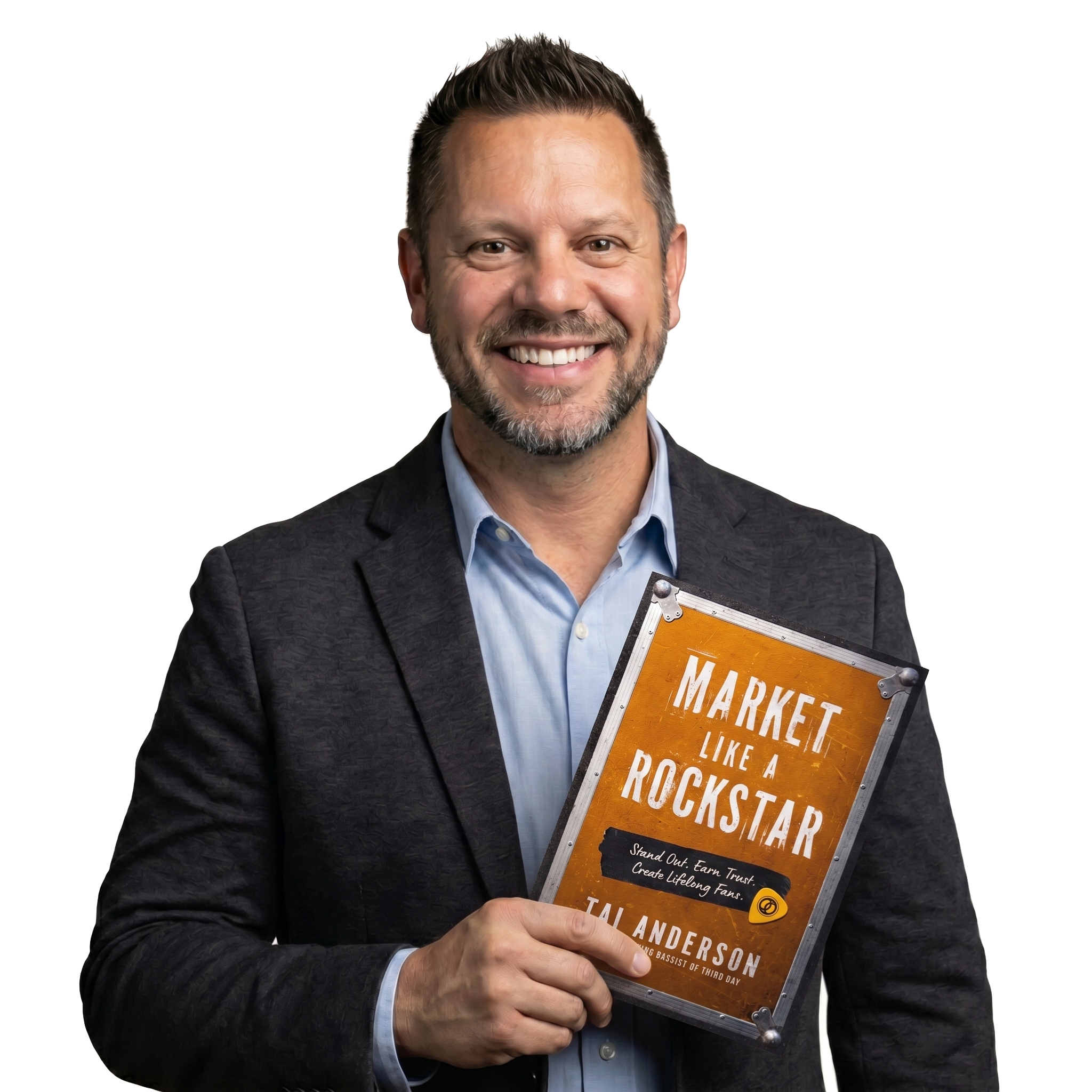Man in dark blazer and light blue shirt holding a book titled "Market Like a Rockstar."