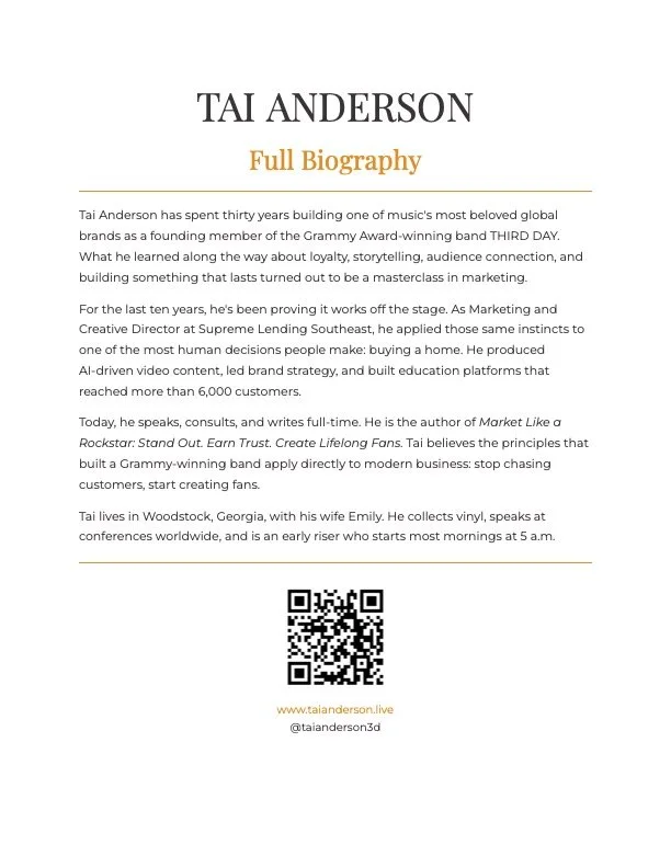 Full biography of Tai Anderson, highlighting his music career, achievements, and personal life, with a QR code and website link at the bottom.
