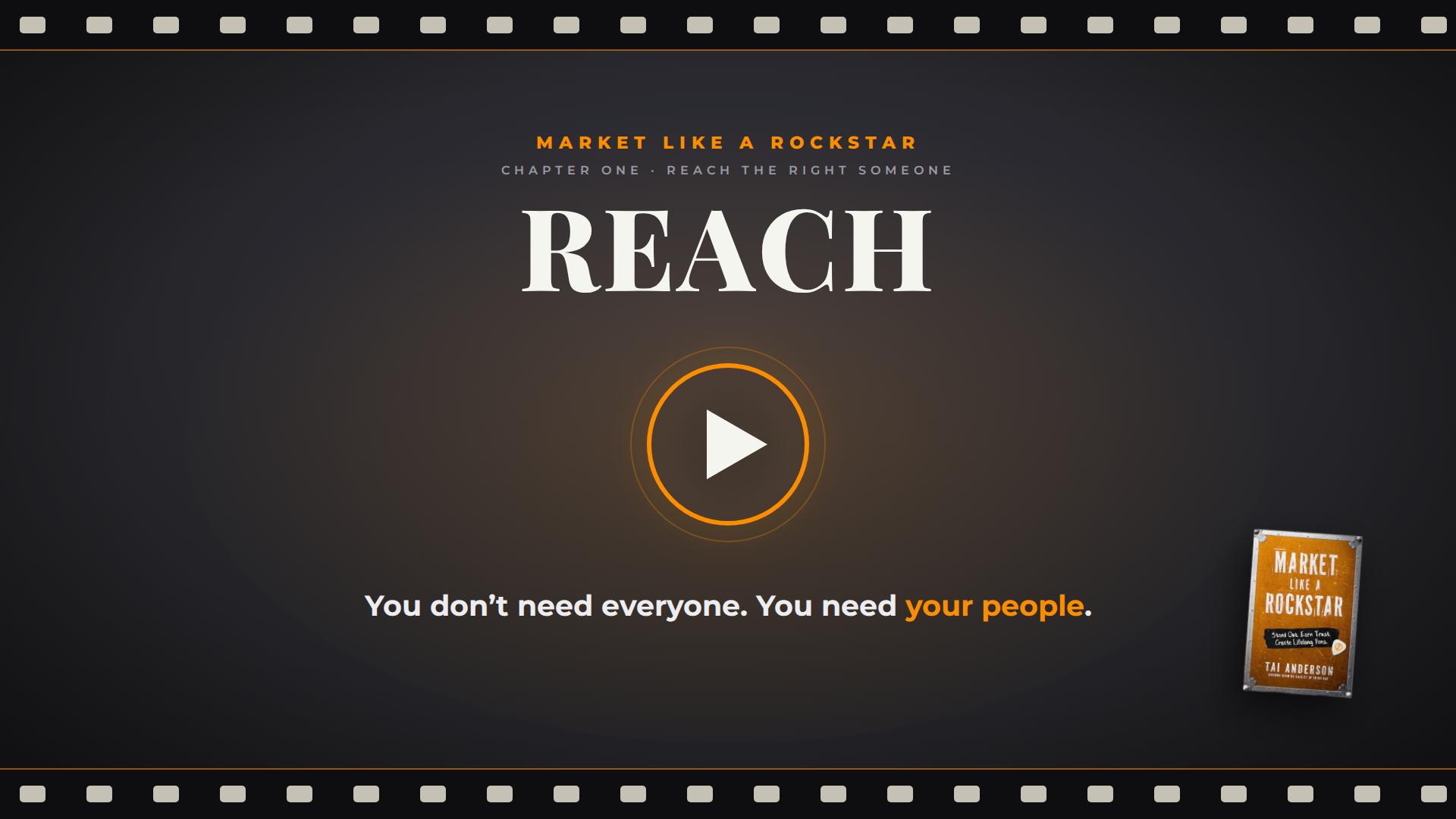 Screen showing a book titled 'Market Like a Rockstar' by Tai Anderson with a play button in the center and the subtitle 'Reach' beneath it.