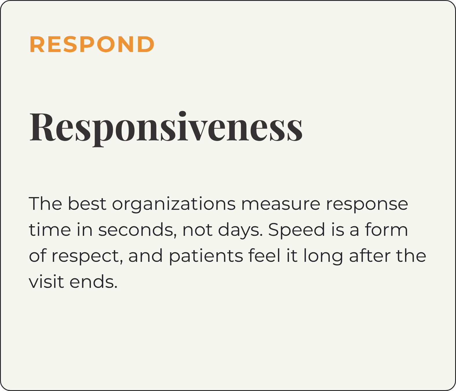A presentation slide with the title 'RESPOND' and the main topic 'Responsiveness' in large font. The slide discusses how the best organizations measure response time in seconds, not days, emphasizing the importance of speed as a form of respect and how patients perceive the end of their visit.