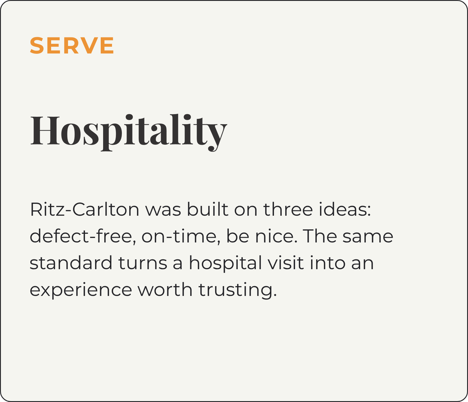 Title slide with the word 'SERVE' in orange and large font, the word 'Hospitality' in bold black font, and a paragraph about Ritz-Carlton's principles of guest service and experience.