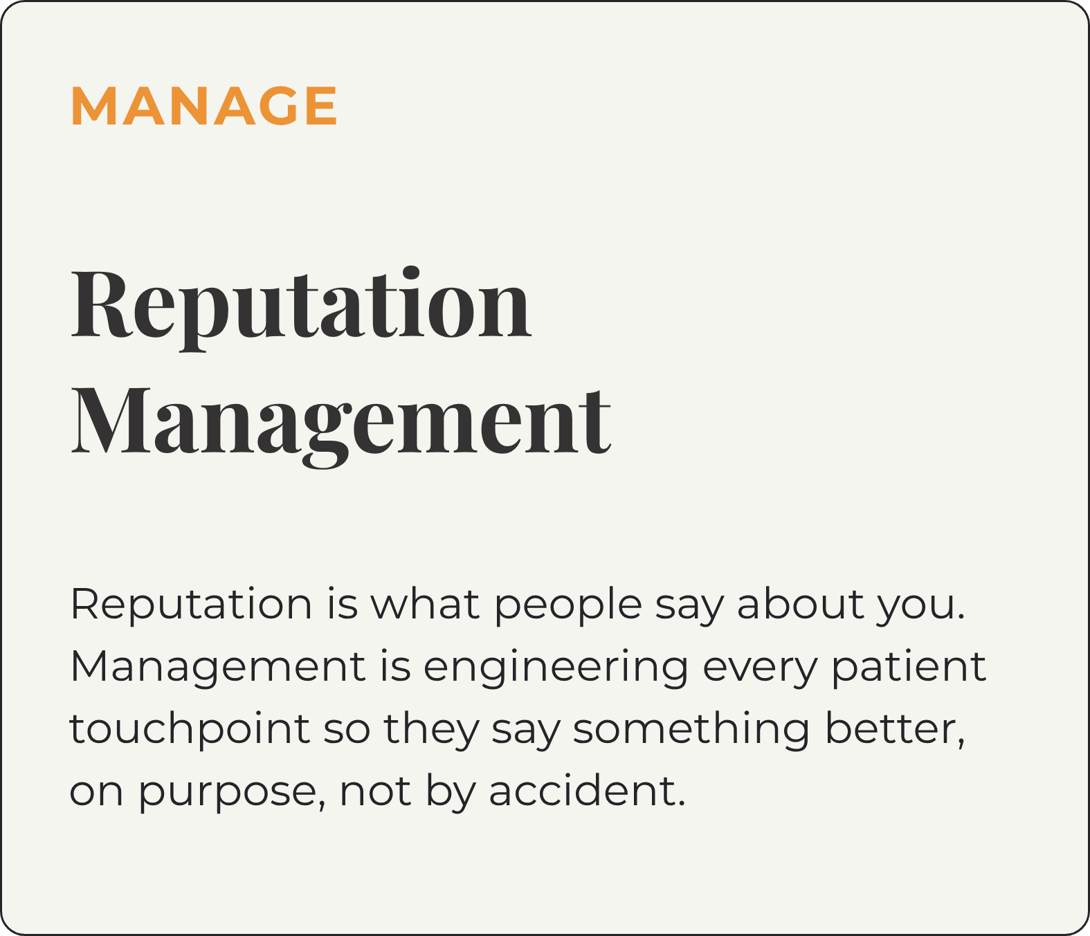 Text on a presentation slide with the title 'Manage Reputation Management'. The slide explains that reputation is what people say about you, and management involves shaping perceptions intentionally, not by accident.