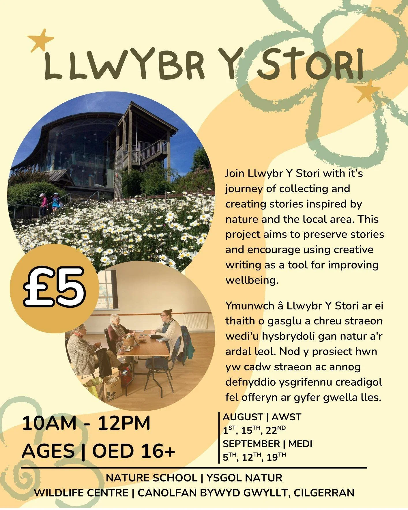 Join Llwybr Y Stori with it&rsquo;s journey of collecting and creating stories inspired by nature and the local area. This project aims to preserve stories and encourage using creative writing as a tool for improving wellbeing.

Each week, the group 