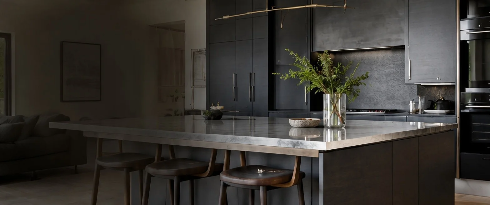 Modern kitchen with dark cabinetry, a marble island, and minimalist decor, featuring a glass vase with green foliage.