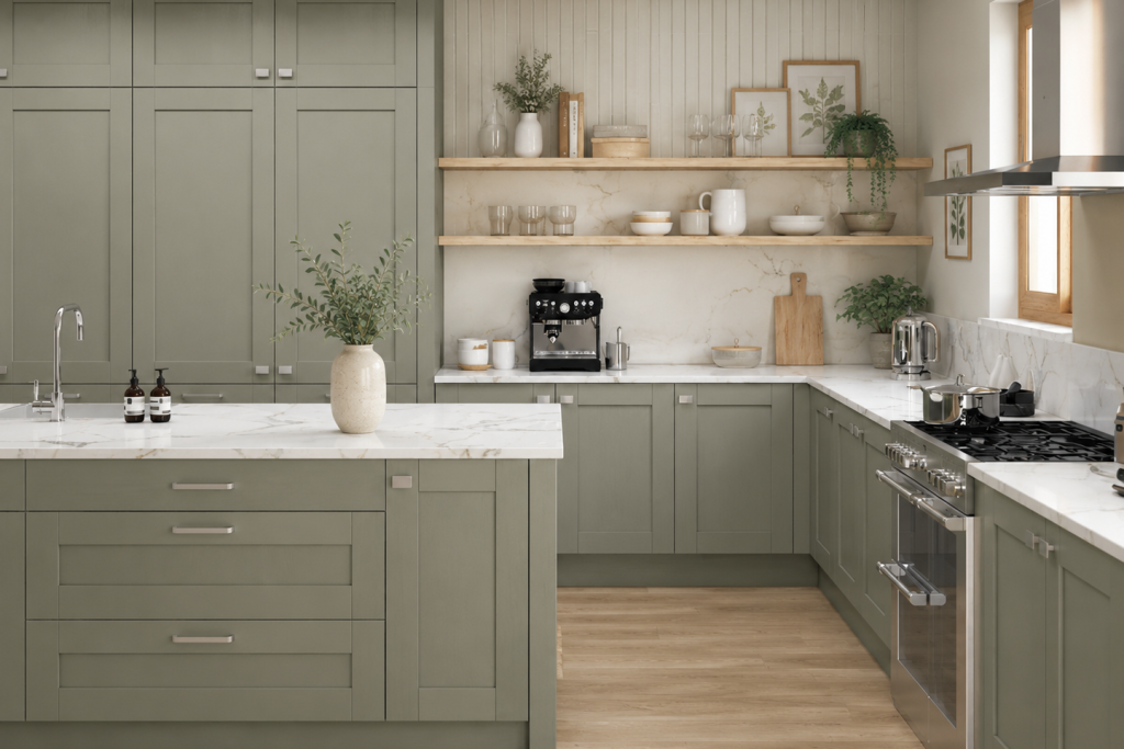 Modern kitchen with sage green cabinetry, white marble countertops, open wooden shelves with dishes and plants, and stainless steel appliances.