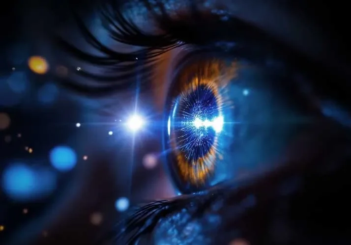 Promotional image for Sternenklar 2026: a dramatic close-up of a human eye with cosmic blue lighting and a star-like reflection in the pupil.