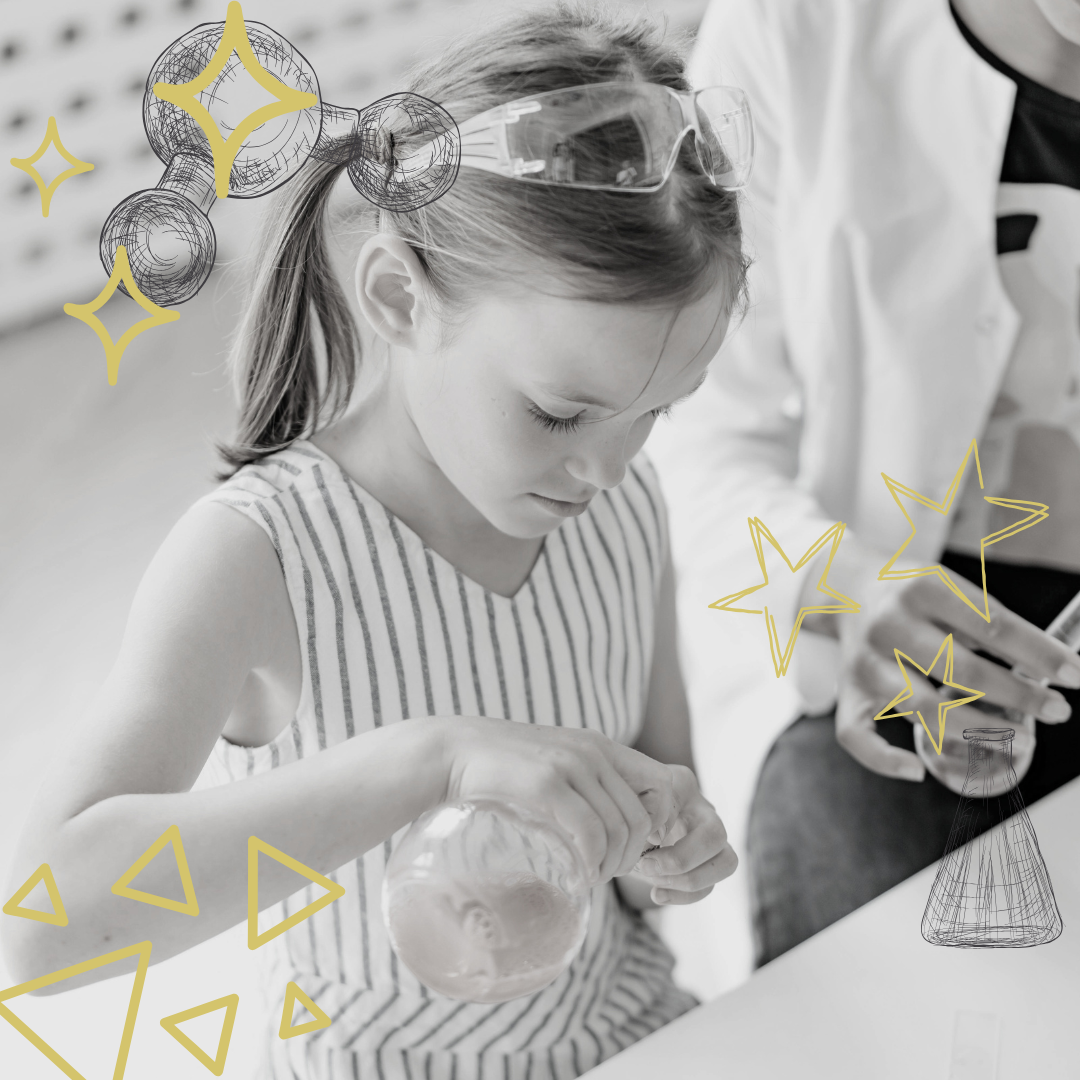 A young girl wearing safety goggles handles a flask during a science practical activity, with illustrated laboratory equipment and gold geometric shapes overlaid on the black-and-white photograph.