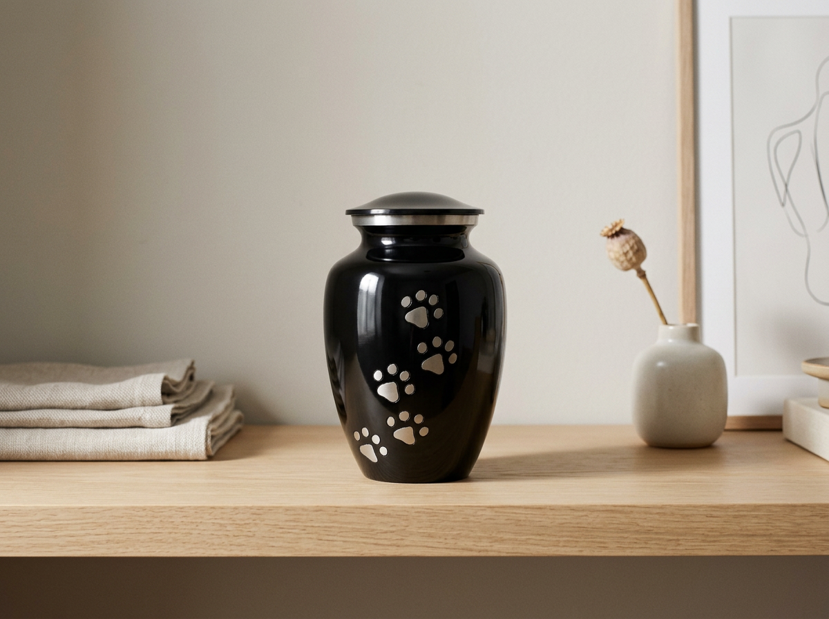 Black Urn with Silver Paw Prints