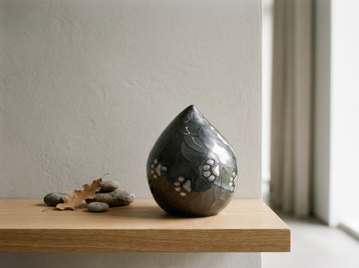 Black Enamel Teardrop Urn with Silver Paw Prints
