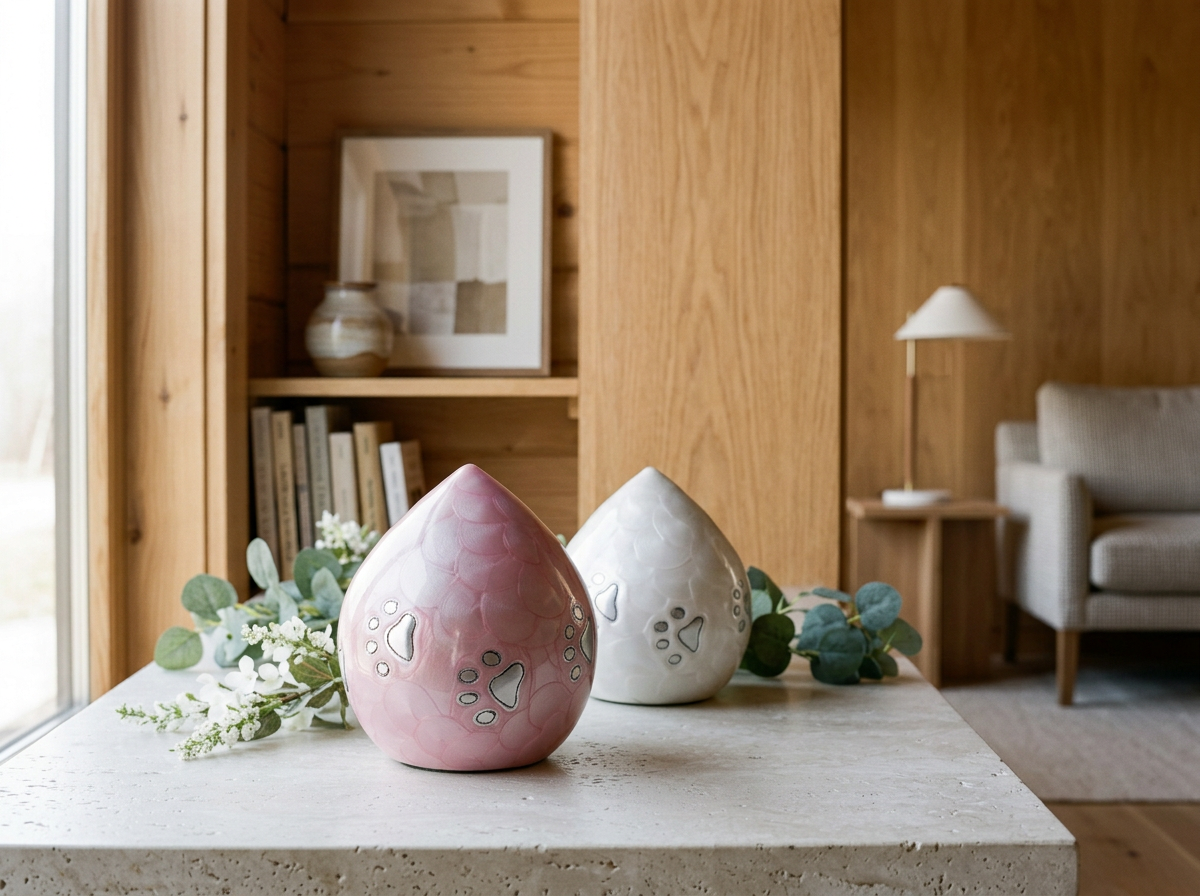 White Enamel Pet Teardrop Urn with Silver Paws