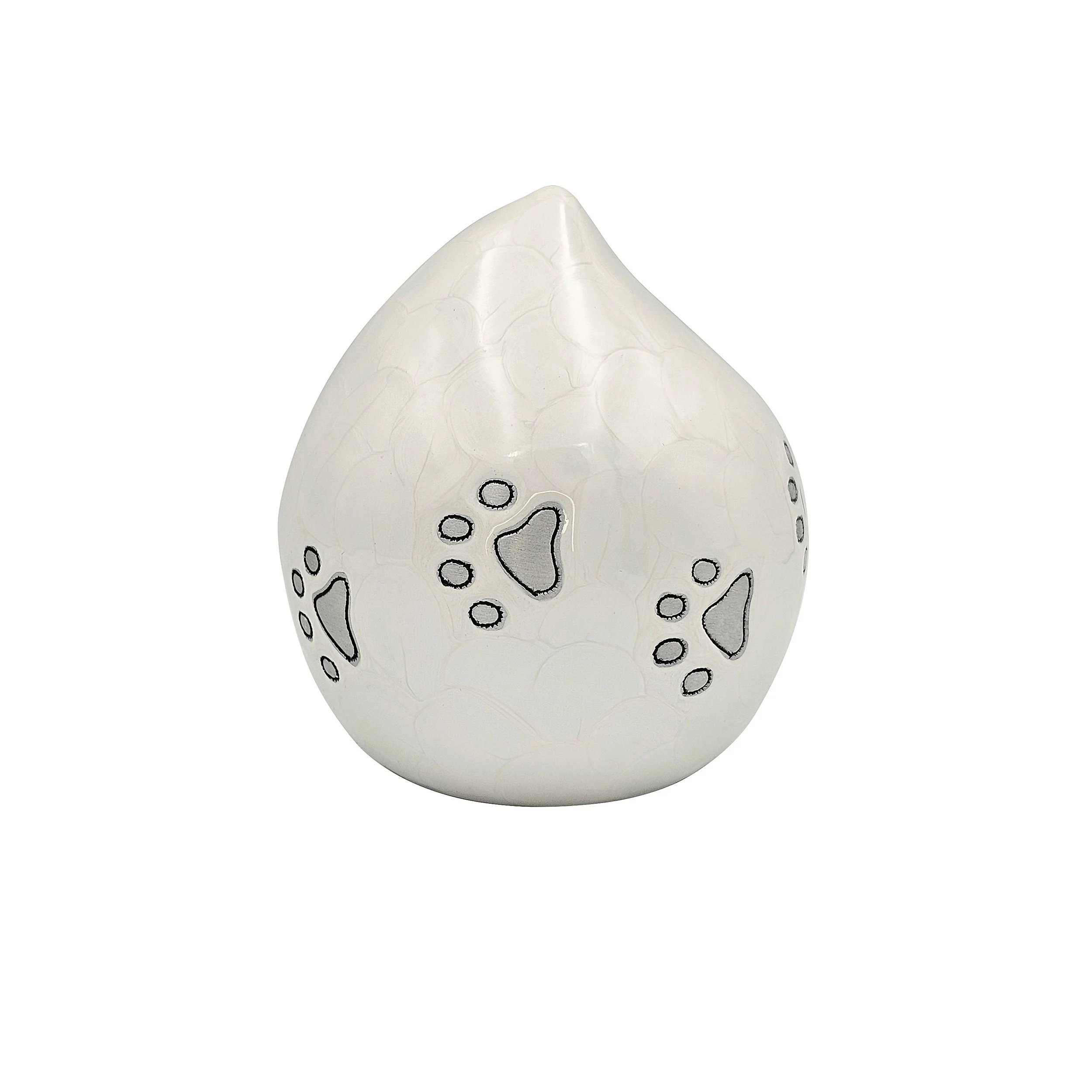 White Enamel Pet Teardrop Urn with Silver Paws