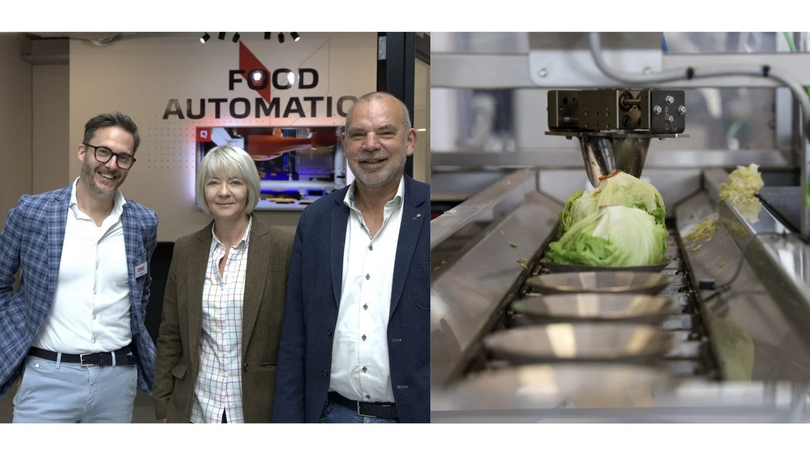 Extractacore Ltd, and Qing Food Technology, next to a machine processing lettuce on the right.