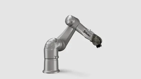 A robotic arm labeled 'Stäubli' with a sleek metallic design, set against a plain gray background.