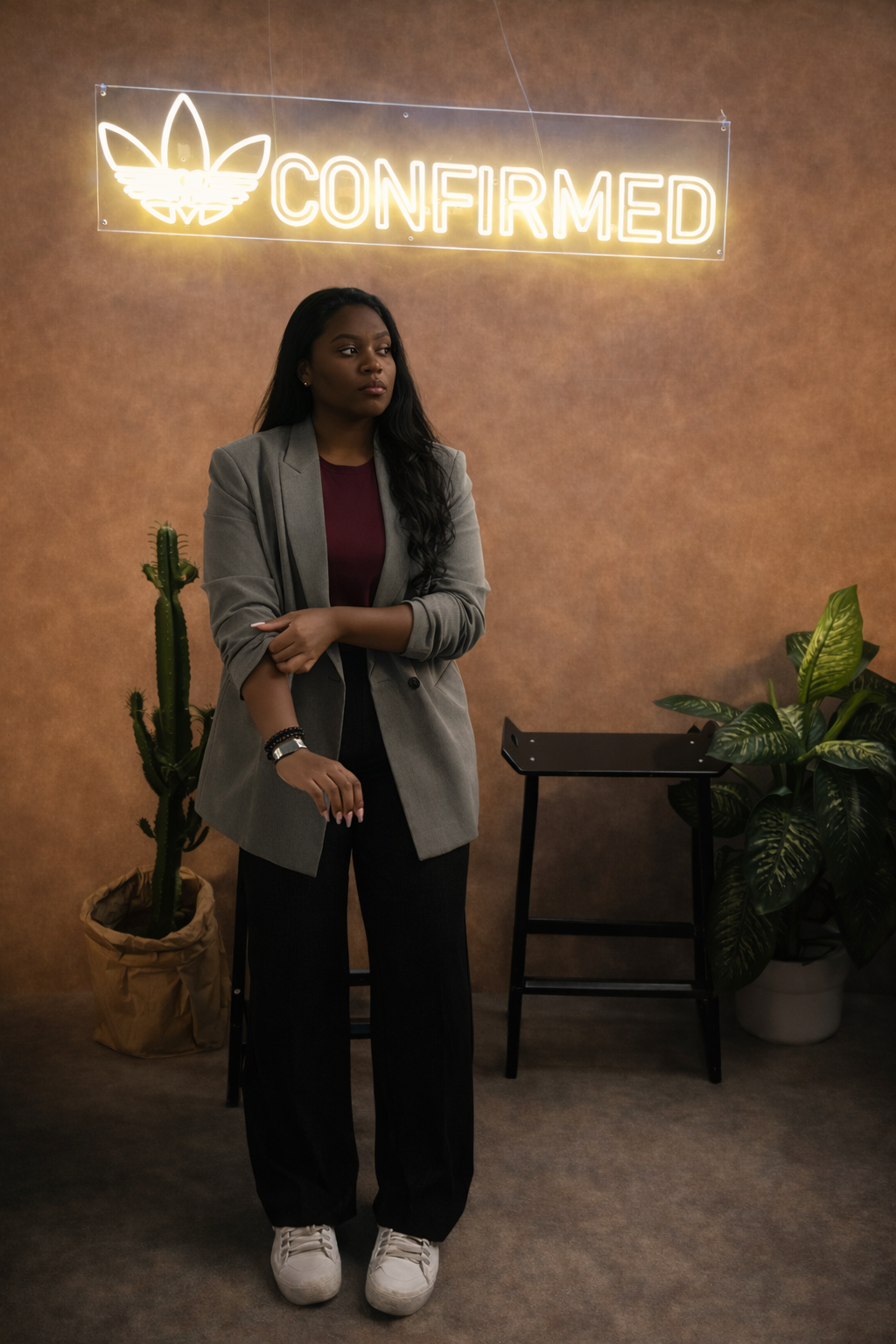 Une femme debout dans un intérieur avec un mur beige, un panneau lumineux 'CONFIRMED' et un logo d'Adidas. Elle porte un blazer gris, un haut bordeaux, un pantalon noir large et des baskets blanches, avec des plantes en décor.