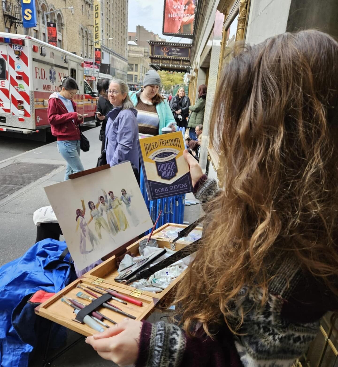 Painting #suffsmusical on the line for #broadway rush this morning! Especially post-election, I can&rsquo;t recommend this show enough. Swipe for painting in progress!