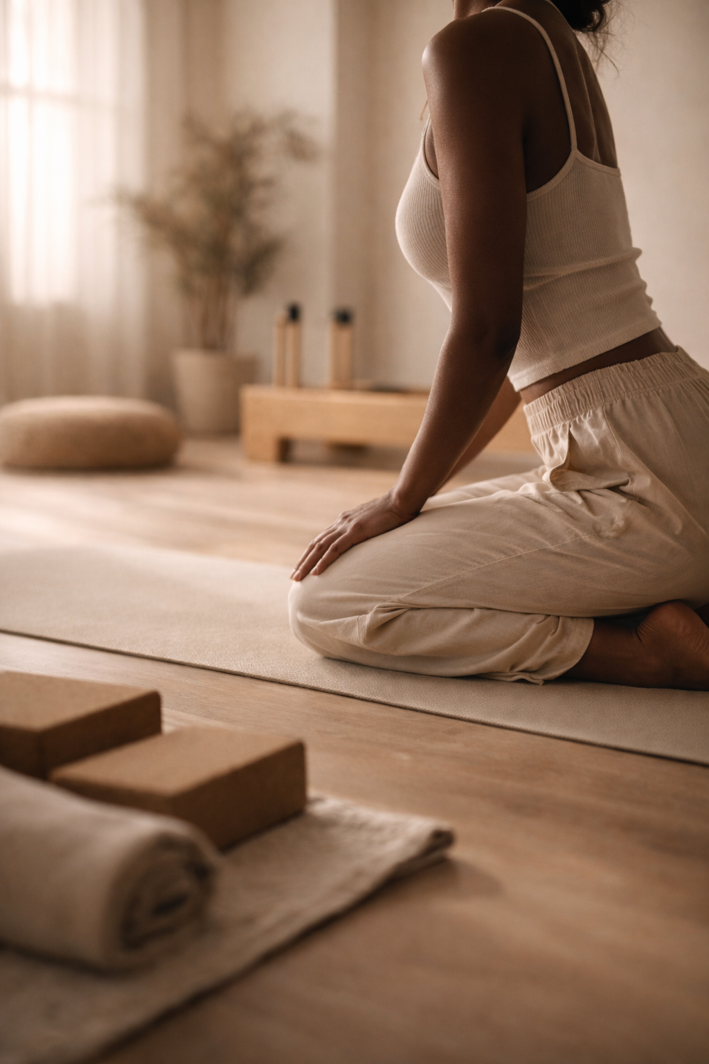 A Pilates student practicing mindful movement and grounding in a private Pilates session in Tacoma at North End Pilates.