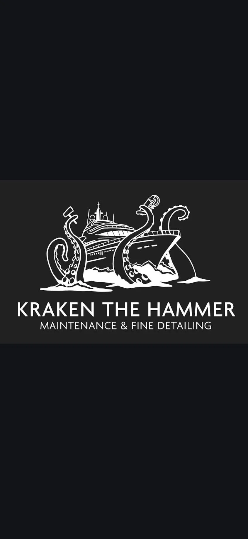 Logo for Kraken The Hammer, a maintenance and fine detailing service, featuring a stylized kraken wrapping around a cruise ship.