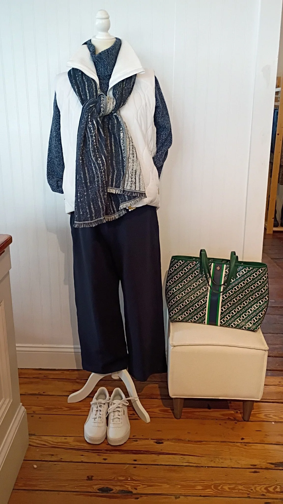 Outfit of the day: Kangra sweater size large $87, Sofie D'hoore pants size 36 $129, Varley vest size xs $47, Manor scarf $25, Puma sneakers size 8 1/2 $33, Tory Burch tote bag $87.