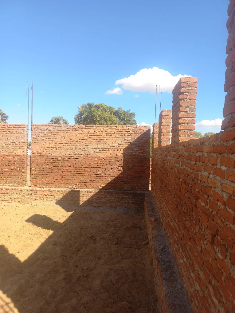 View of a construction site with brick walls under a blue sky with scattered clouds; the ground is bare dirt. New Palm Africa Huckleberry Fox Foundation