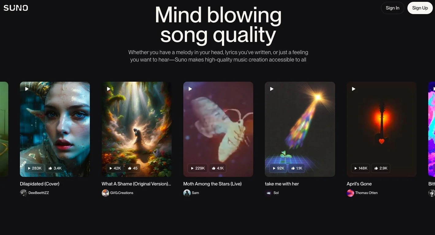 Screenshot of a music streaming website featuring high-quality music videos with titles, artist names, and view counts, including songs like 'Dilapidated (Cover)', 'What A Shame (Original Version)', and 'Moth Among the Stars (Live)'.
