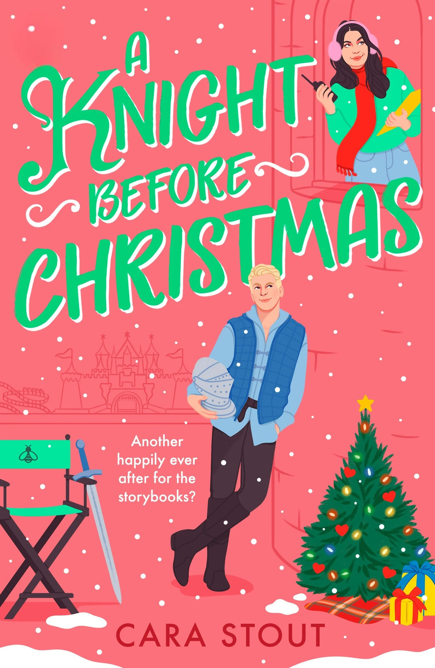 a pink book cover with a white boy in a blue vest and shirt, with black pants. He is holding a gray knight's helmet. The title in green reads: A KNIGHT BEFORE CHRISTMAS CARA STOUT. A white girl with brown hair is holding a walkie-talkie.