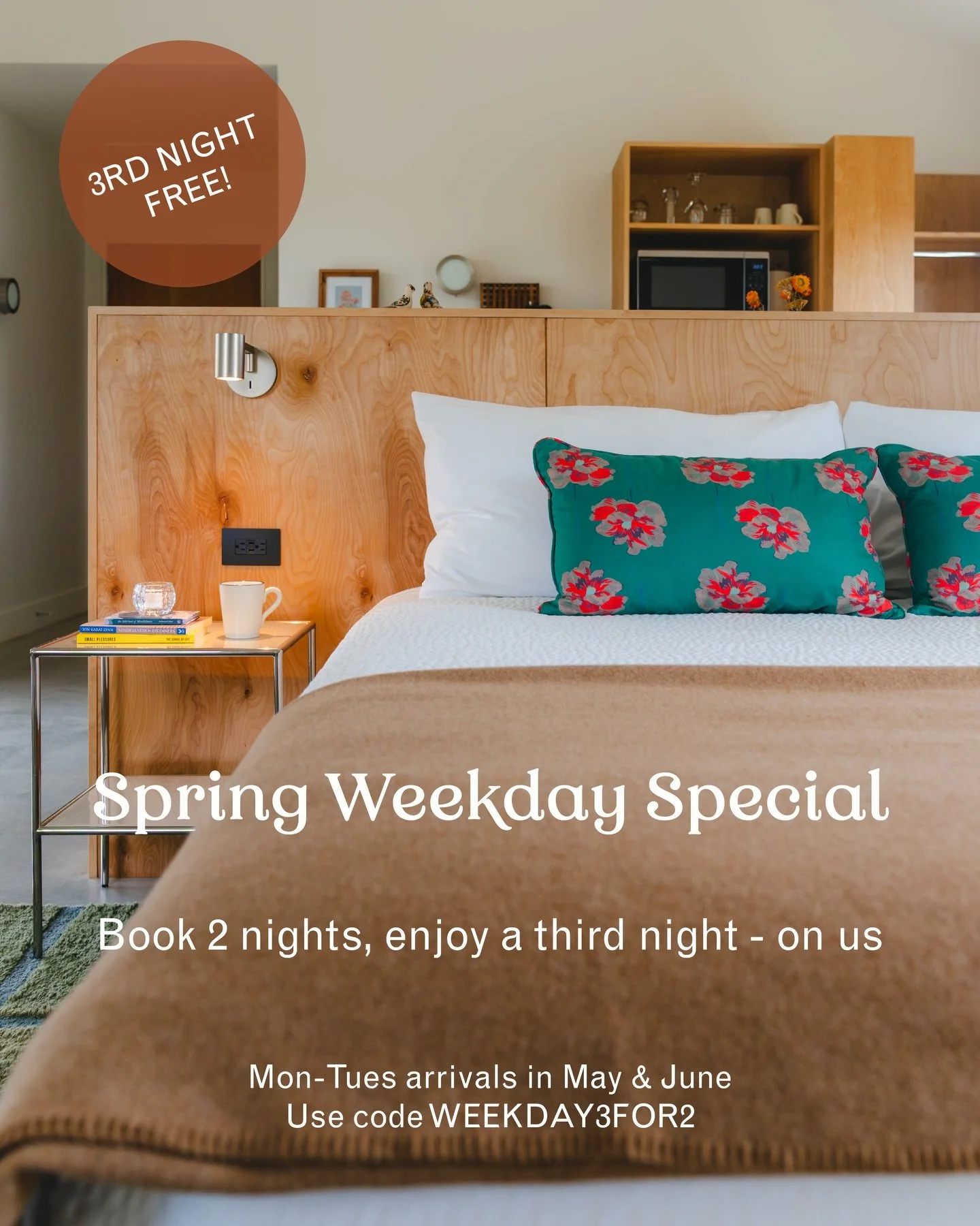 Celebrate spring with a midweek escape at The Martinsburg this May + June.
 Quiet mornings, fresh Hill Country air, and your own private cabin.

Work remotely with fast WiFi&mdash;or head into town for Fredericksburg Restaurant Week.

Stay 2 nights, 