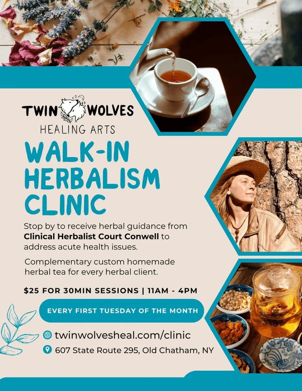 Join Court on Tuesday Sept 1 11am - 4pm for our Walk-In Herbal Clinic. Discuss acute symptoms, receive guidance and go home with a complementary tea mixed custom for you! $25 for 30min sessions, sign up at twinwolvesheal.com/clinic