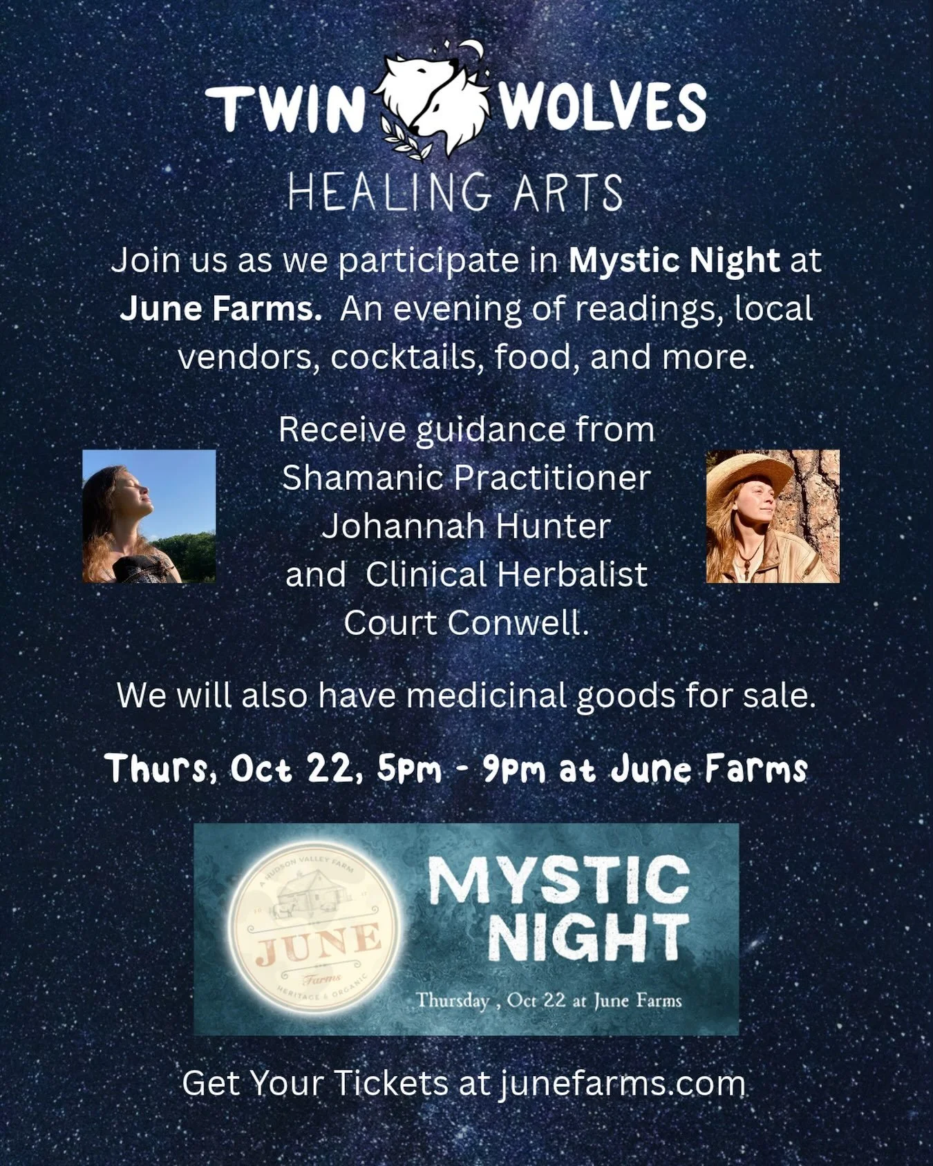 Join us in celebrating MYSTIC NIGHT @junefarms on Oct 22, 5-9pm. We will have medicinal goods for sale and you can receive guidance from Shamanic Practitioner Johannah Hunter and Clinical Herbalist Court Conwell. Tickets at junefarms.com