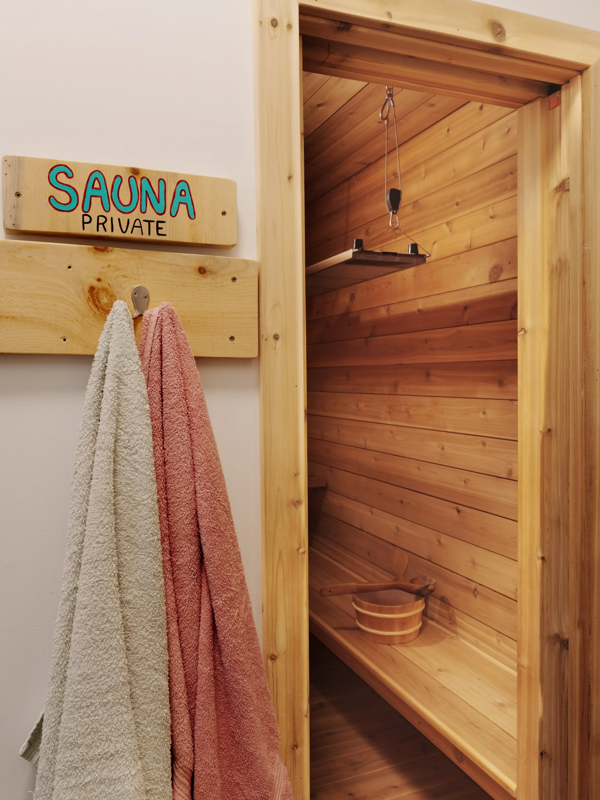 Our saunas are in a cozy environment with river rock showers, they have optional red light therapy panels to increase your wellness. We have both a communal sauna that fits up to 6 people and a private sauna that fits up to 2. Heal in the heat of the