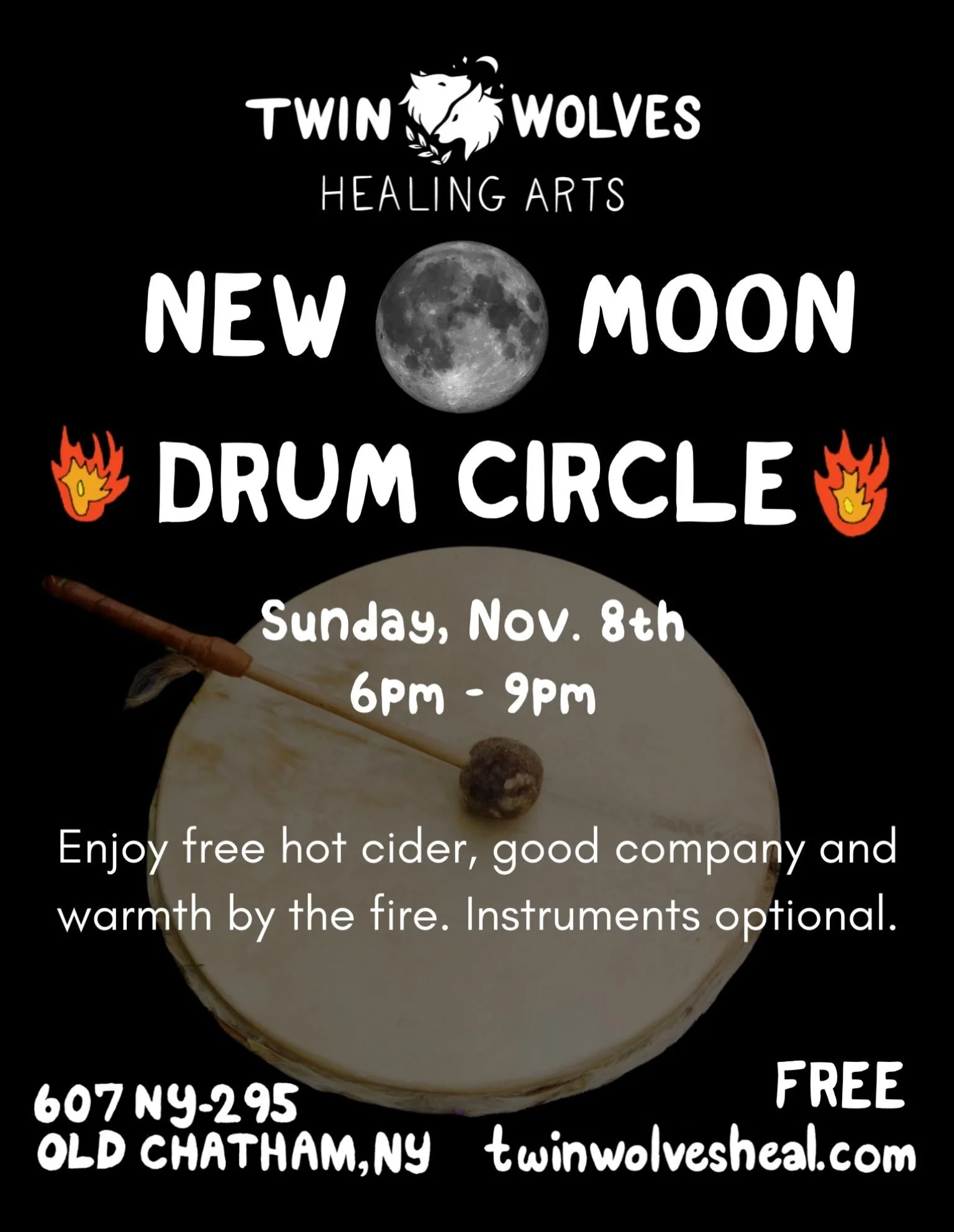 Join us for a drum circle to celebrate the November new moon on Sunday Nov 8, 6-9pm! Instruments are optional. Free hot cider and friendly community vibes!