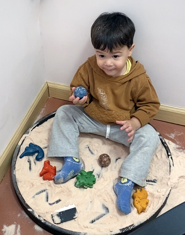 Young child sitting on a circular sandbox with sand toys, holding a blue toy, surrounded by colorful animal-shaped toys, wearing a brown hoodie and gray sweatpants.
