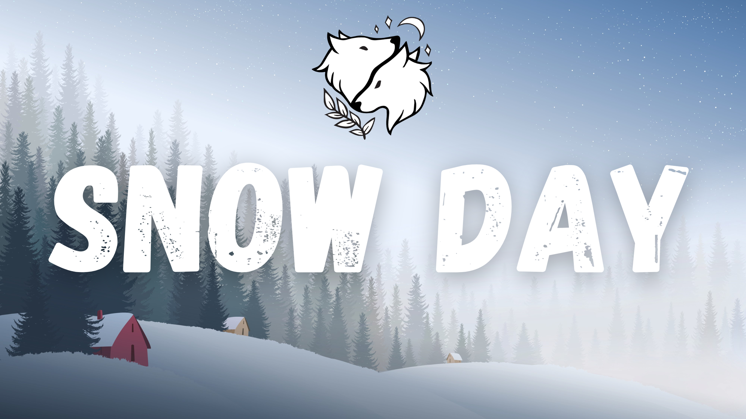 Snowy landscape with trees and small houses, large white text saying "SNOW DAY," and a logo of a wolf's head with leaves and celestial elements at the top.