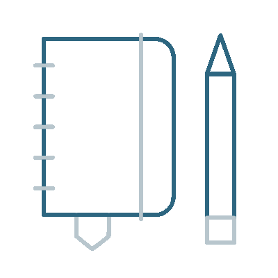Notebook and pencil icon representing weekly journal prompts.