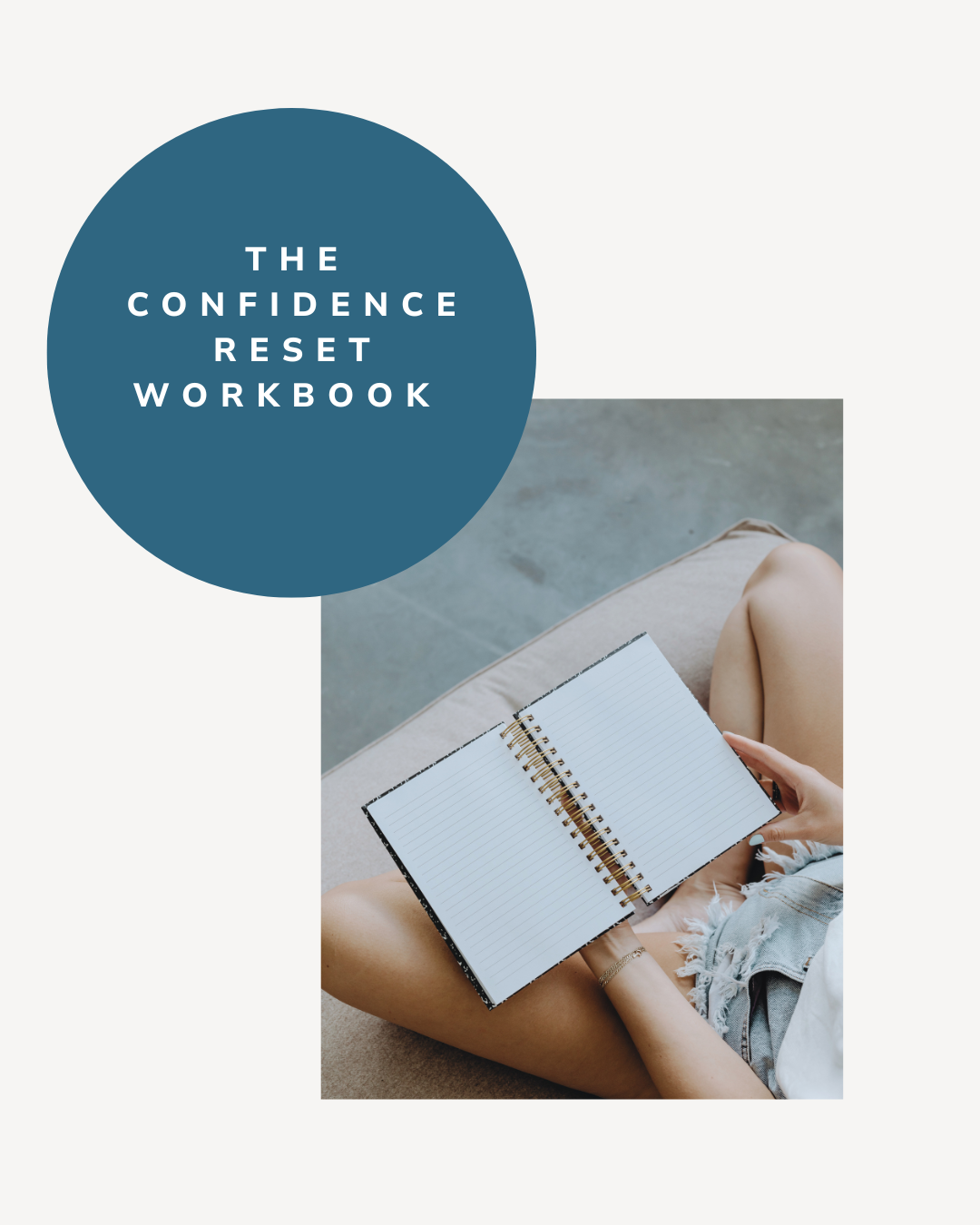 A woman sitting comfortably writing in a blank notebook, representing personal reflection and growth in the Confidence Reset Workbook.