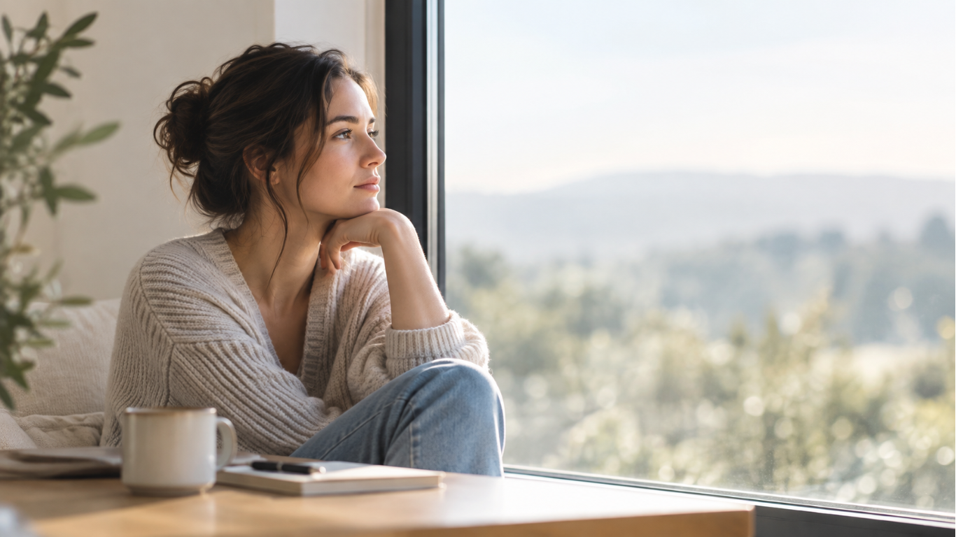 Woman sitting thoughtfully beside a large window in a light-filled modern room.