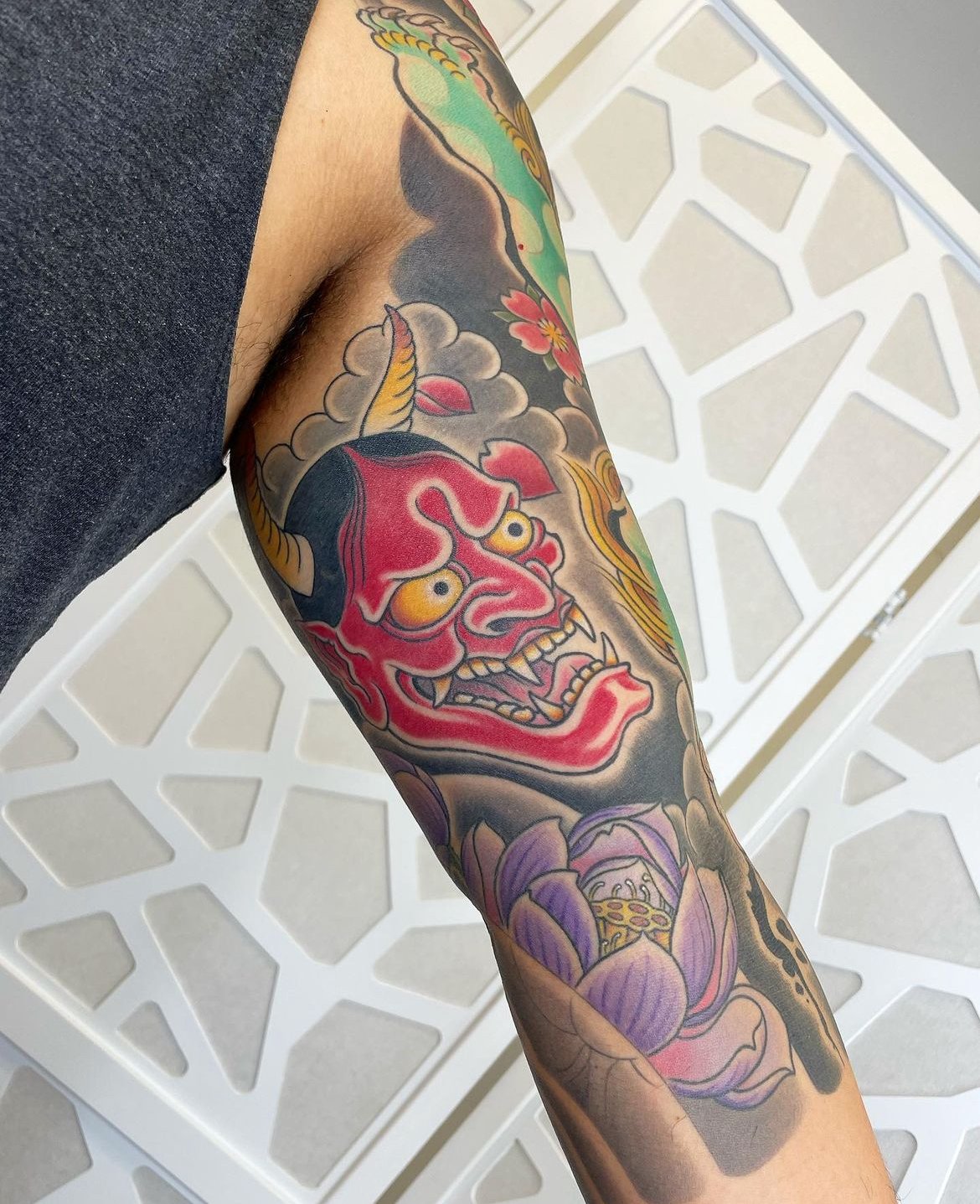 Japanese traditional sleeve, hannya and lotus
